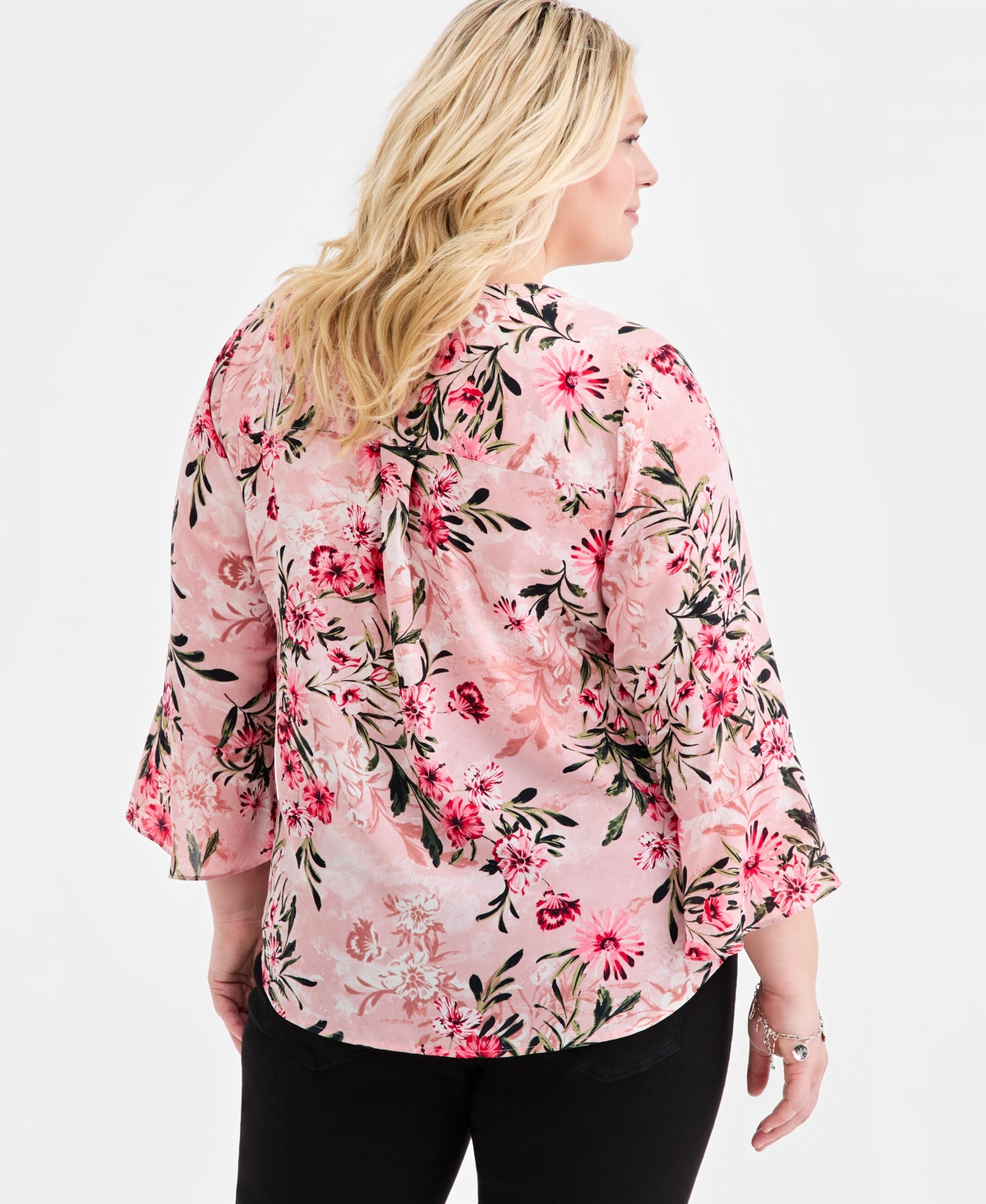 Style & Co Plus Printed Pintuck-Front 3/4-Sleeve Top, Macy's Exclusive