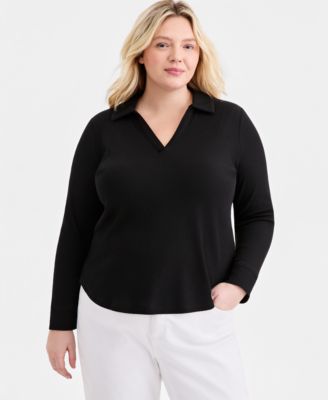 Plus Size Waffle-Knit Collared Top