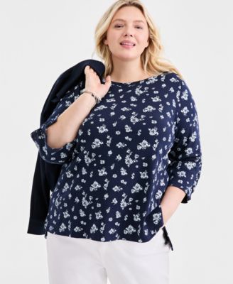 Plus Size Printed Boat-Neck Cotton Lace-Up-Sleeve Tunic