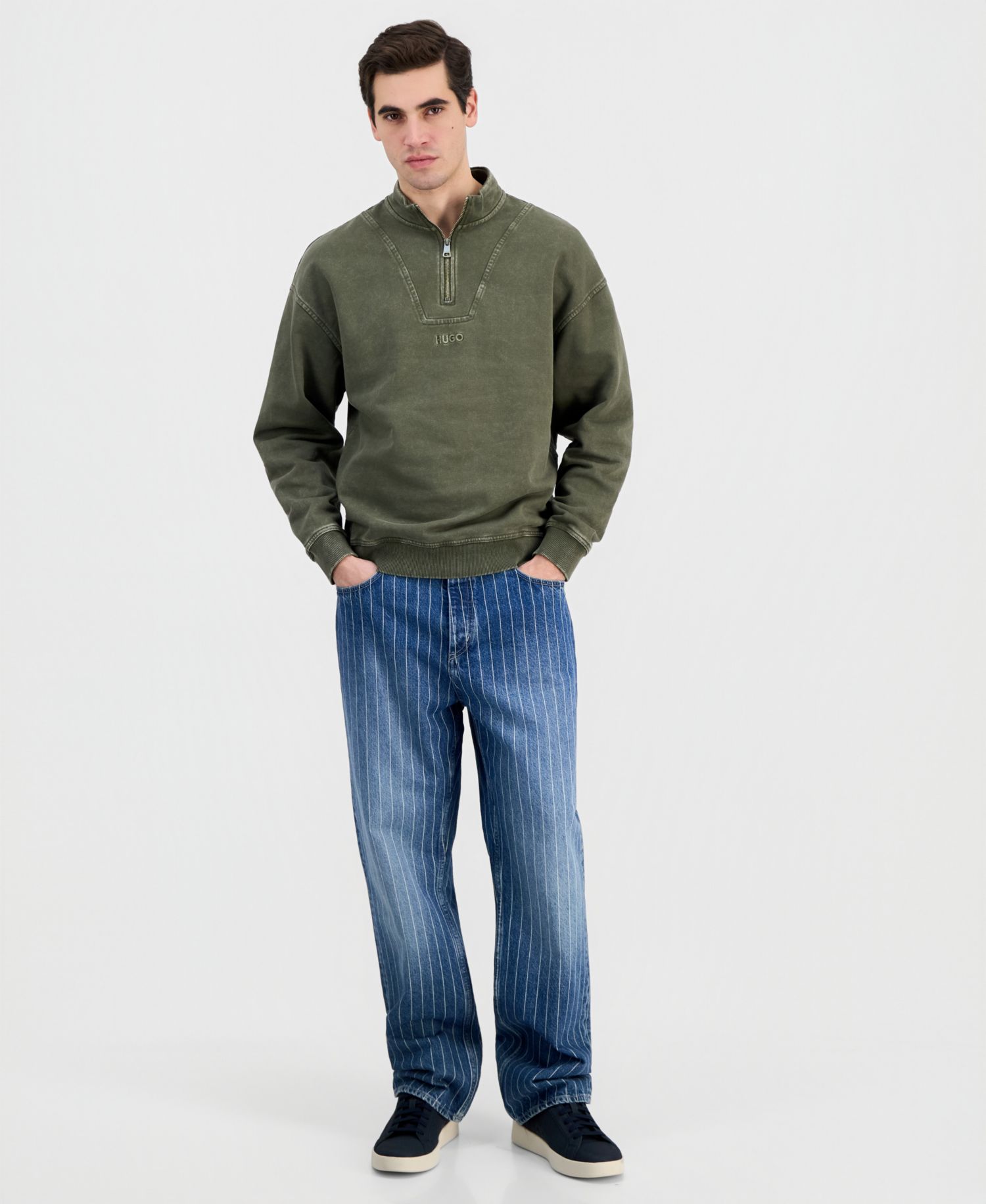 Men's Distressed Logo Quarter-Zip Sweater