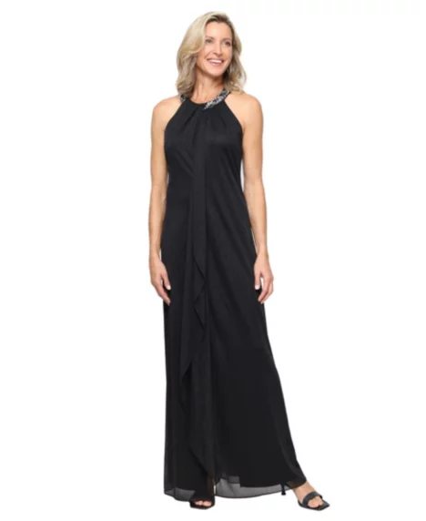 Petite Glitter A-Line Halter Long Mesh Dress - Black