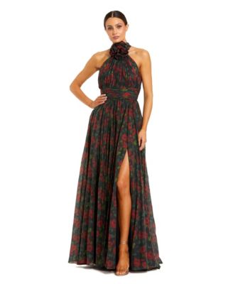 Women's Floral Chiffon 3D Flower Halter Neck Gown