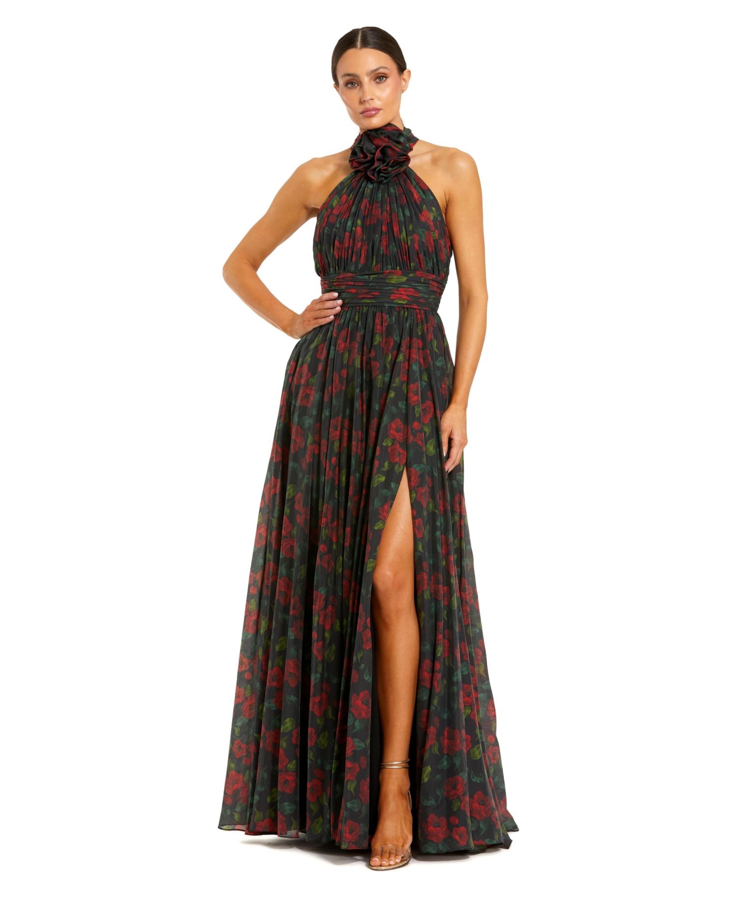 Women's Floral Chiffon 3D Flower Halter Neck Gown
