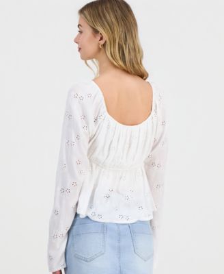 Juniors' Long-Sleeve Eyelet Woven Top