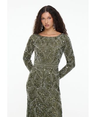 Women's Modest Embellished Sequin Beaded Dress Maxi With Trail