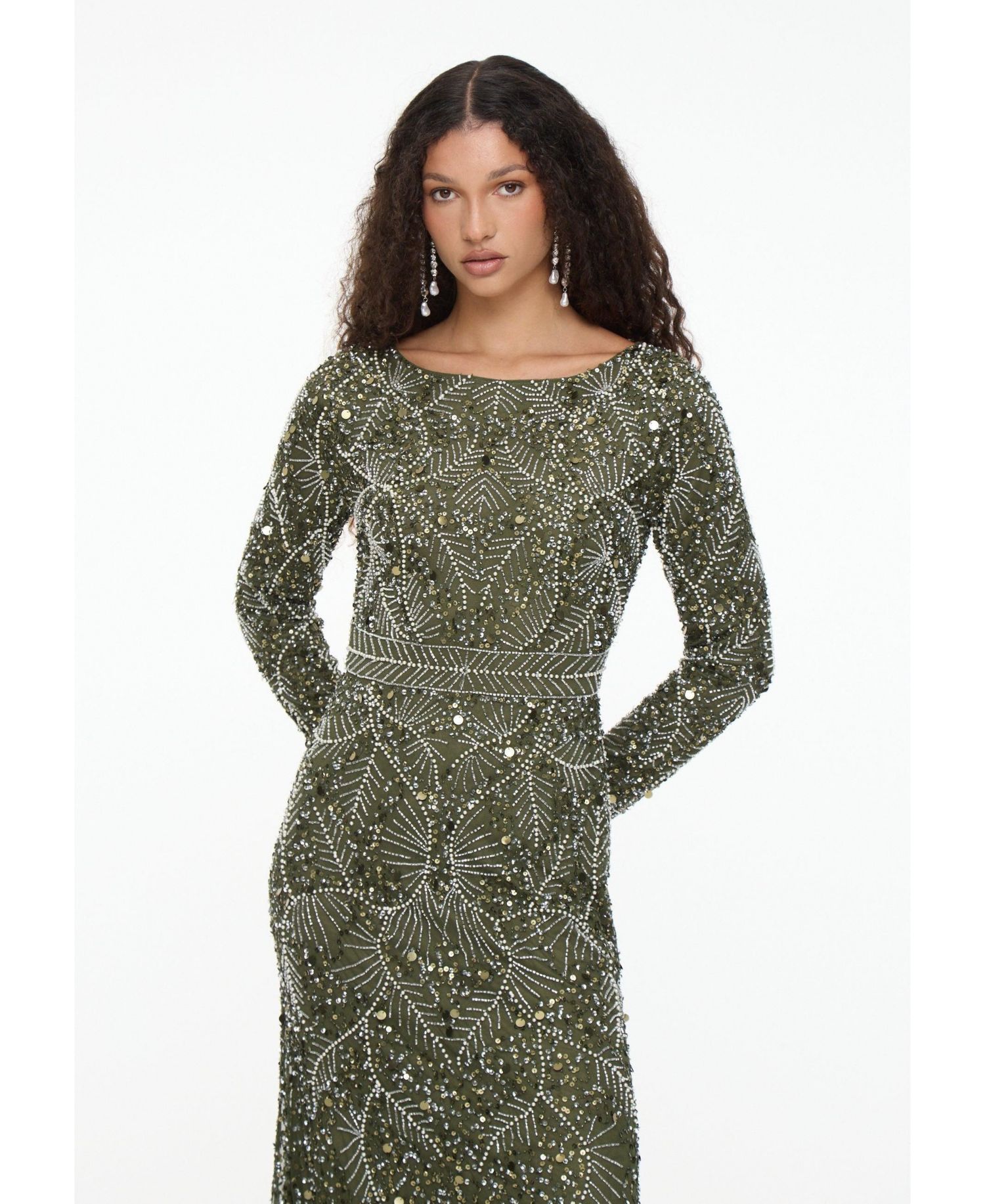 Women's Modest Embellished Sequin Beaded Dress Maxi With Trail