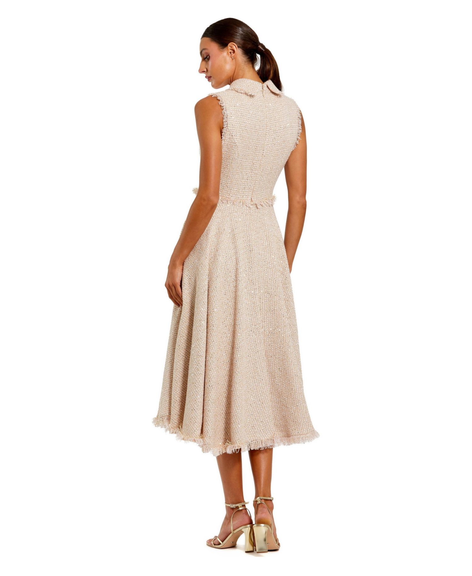 Women's Boucle Sleeveless Collared Button Up Midi Dress