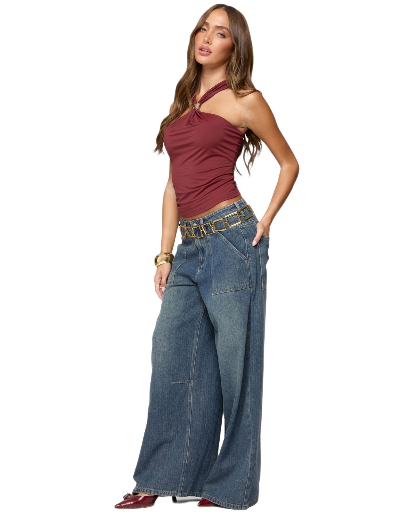 Женские джинсы Edikted Jaycee Low Rise Baggy Carpenter, цвет: Синий потёртый — фото 3