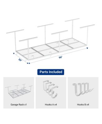 OHK38-E 36″ W × 96″ D Adjustable-Height Overhead Garage Storage Rack with 8 Hooks (White)