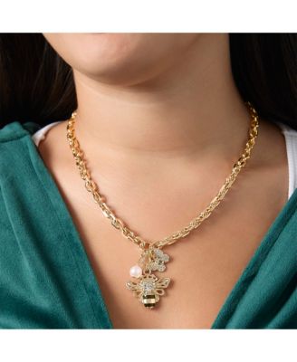Charm Cluster Bee Necklace, Gold Tone with Crystal Butterfly & Pearl Accents