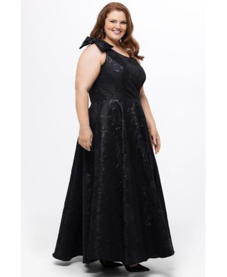 Women's One Shoulder Brocade Plus Size Formal Dress with Bow