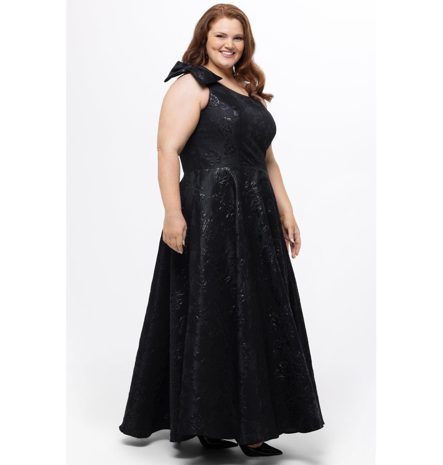 Women's One Shoulder Brocade Plus Size Formal Dress with Bow