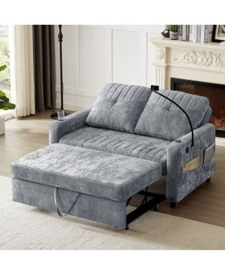 53.9" Chenille Pull-Out Sleeper Sofa with Adjustable Backrest, USB Ports, Cup Holders & Side Storage