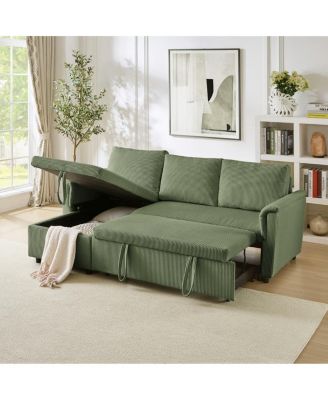 77.25" L-Shaped Corduroy Pull Out Sofa Bed with Chaise Storage, Tufted Modular Sleeper Couch Loveseat with Adjustable Back