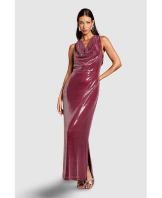 Women's Cowl Front Halter Sequin Maxi Dress