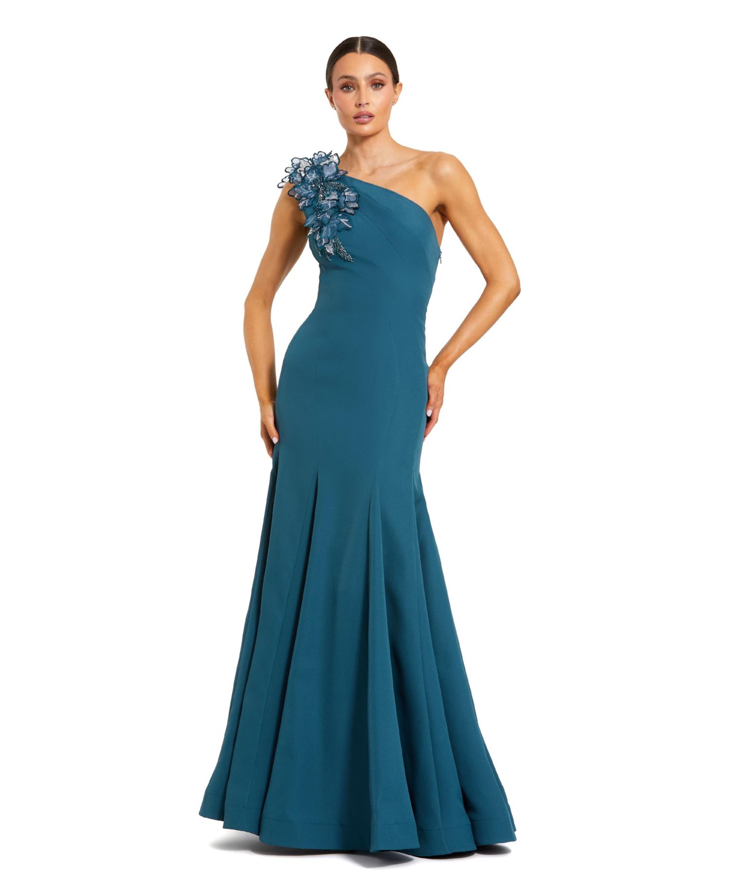 Women's 3D Flower Details With Crepe One Shoulder Evening Gown