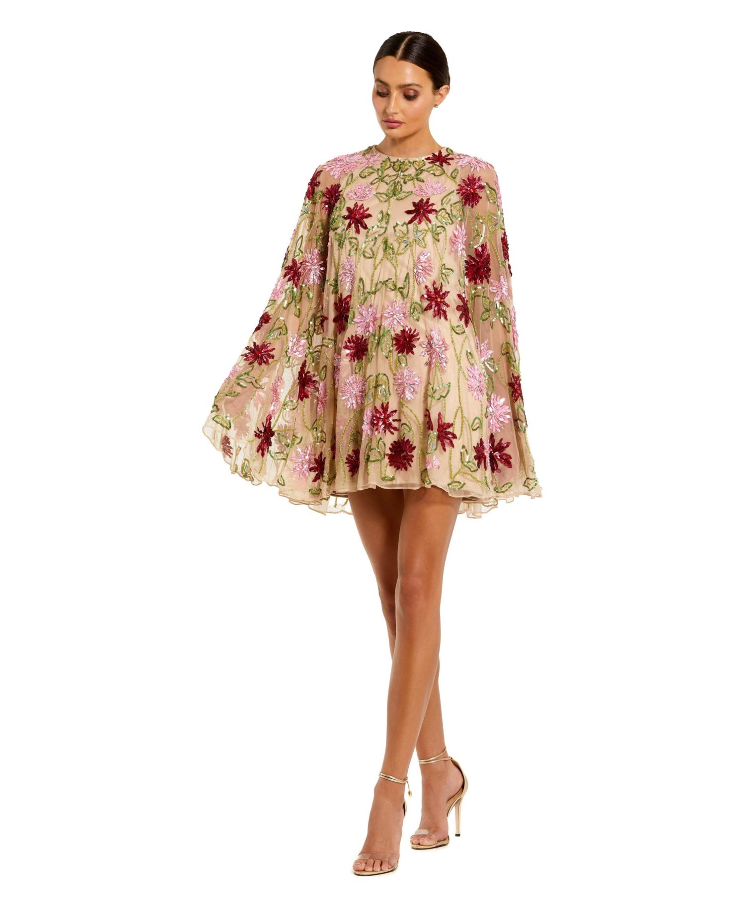 Women's Floral Beaded Mesh Shawl Mini Dress