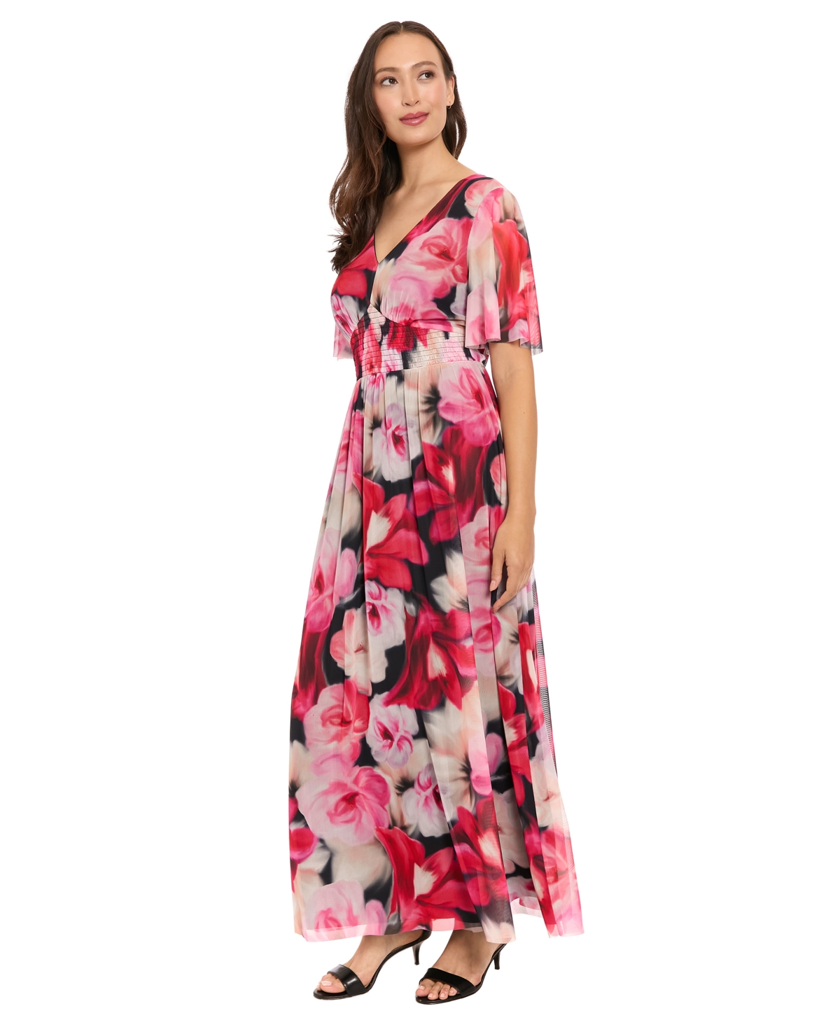 London Times Women's V-Neck Smocked Flutter-Sleeve Maxi Dress