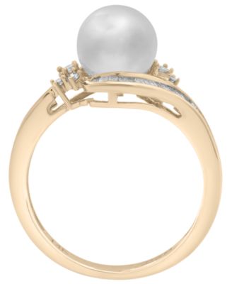 White Cultured Freshwater Pearl (8mm) and Diamond (1/4 ct. t.w.) Swirl Ring in 14k Yellow Gold