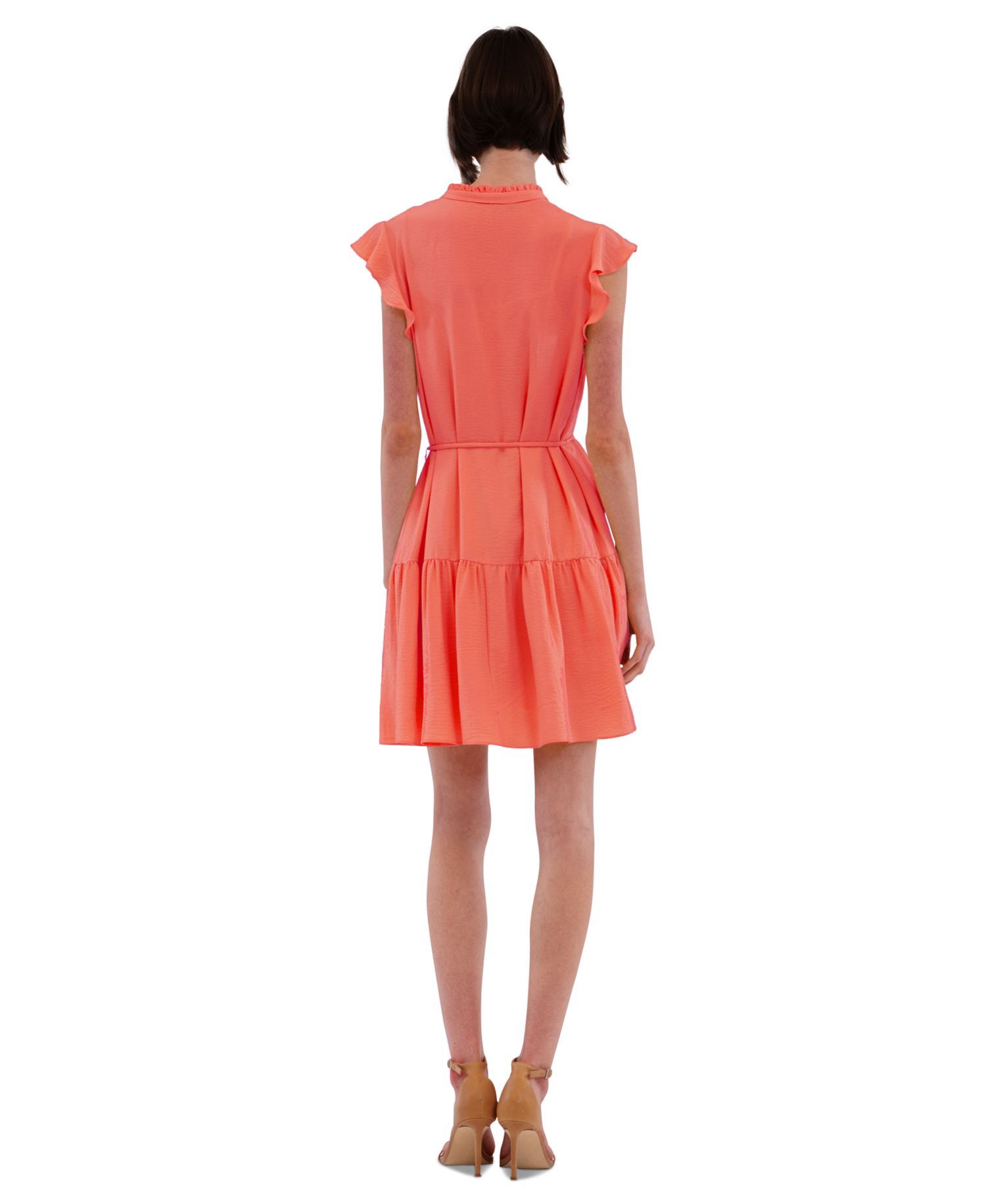 Women's High-Neck Tie-Wast Tiered Shirt Dress