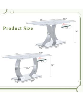 Streamdale Transformable Stainless Steel Dining Table - White Glass Top, 63"x35