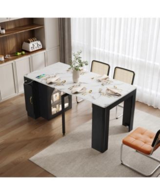 Extendable Dining Table with 3 Leaves & Rolling Island (Black/Marble White)