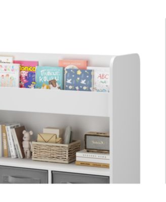 Streamdale Kids Bookshelf with 3 Fabric Bins - White & Gray