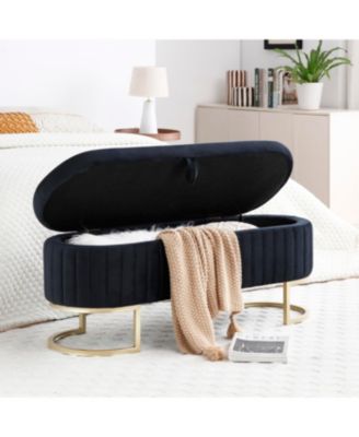 Streamdale Velvet Oval Upholstered Storage Bench with Golden Metal Legs, Black