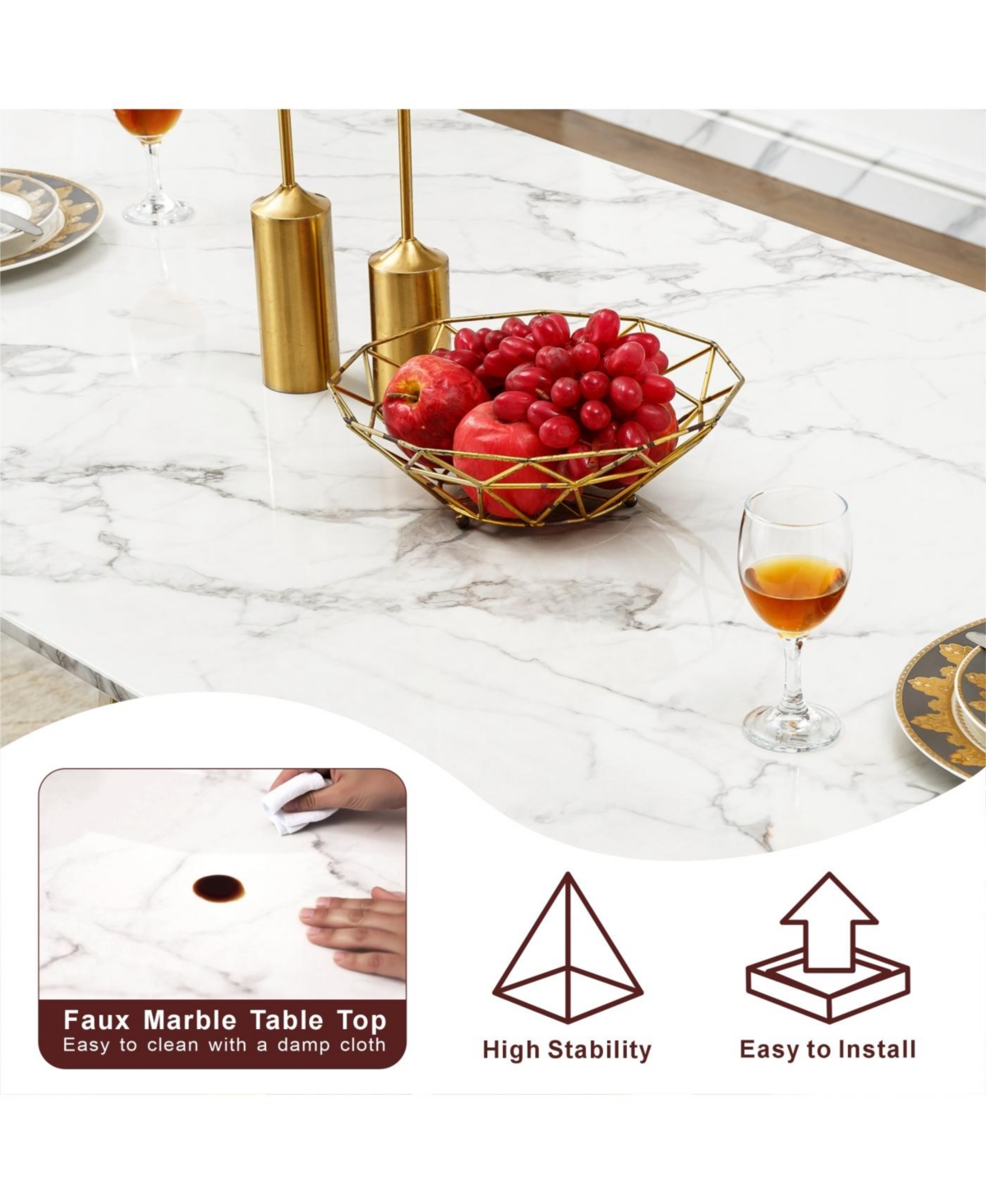 Streamdale Furniture Marble Dining Table for 6, 70" Faux Marble Rectangle Table with Gold Stainless Steel Base