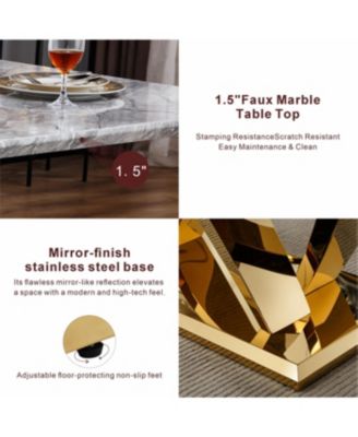 Marble Dining Table for 6, 70" Rectangle Faux Marble w/ Mirrored Stainless Steel Base (Gold, Gray