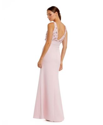 Women's Crepe Sleeveless Beaded V Neck Gown With Bow