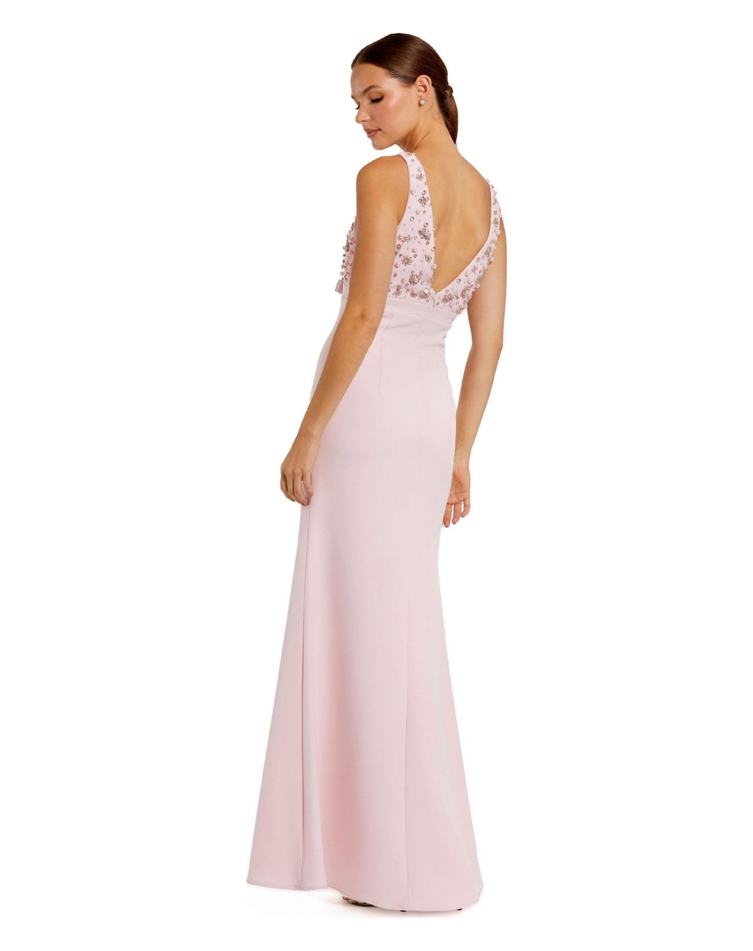 Women's Crepe Sleeveless Beaded V Neck Gown With Bow
