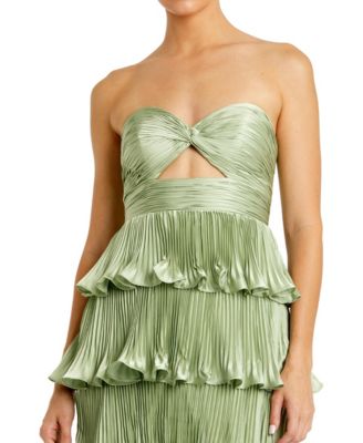 Women's Pleated Charmeuse Strapless Tiered Ruffle Gown