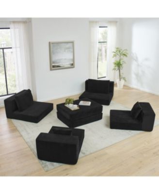 Modular Cloud Sectional Couch, Modern L-Shaped Sofa with Ottoman, Black