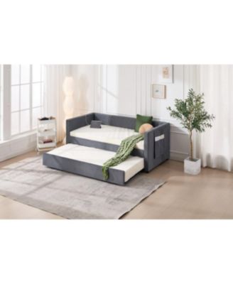 Streamdale Twin Upholstered Daybed with Trundle, USB, Side Pockets - Grey