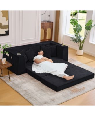 Corduroy Convertible Sofa Bed with 5 Pillows, Black