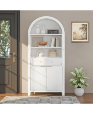 71" Fluted Tall Arched Pantry Cabinet with Hidden Drawer & Glass Door, White