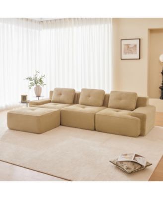 Modern L-Shaped Corduroy Sectional Sofa with Movable Ottoman, Camel