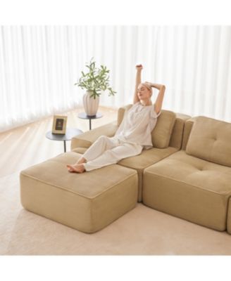 Streamdale Modern L-Shaped Corduroy Sectional Sofa with Movable Ottoman, Camel