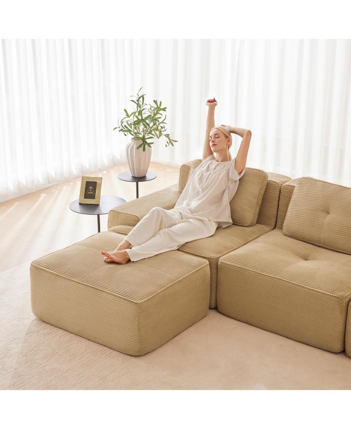 Streamdale Furniture Streamdale Modern L-Shaped Corduroy Sectional Sofa with Movable Ottoman, Camel