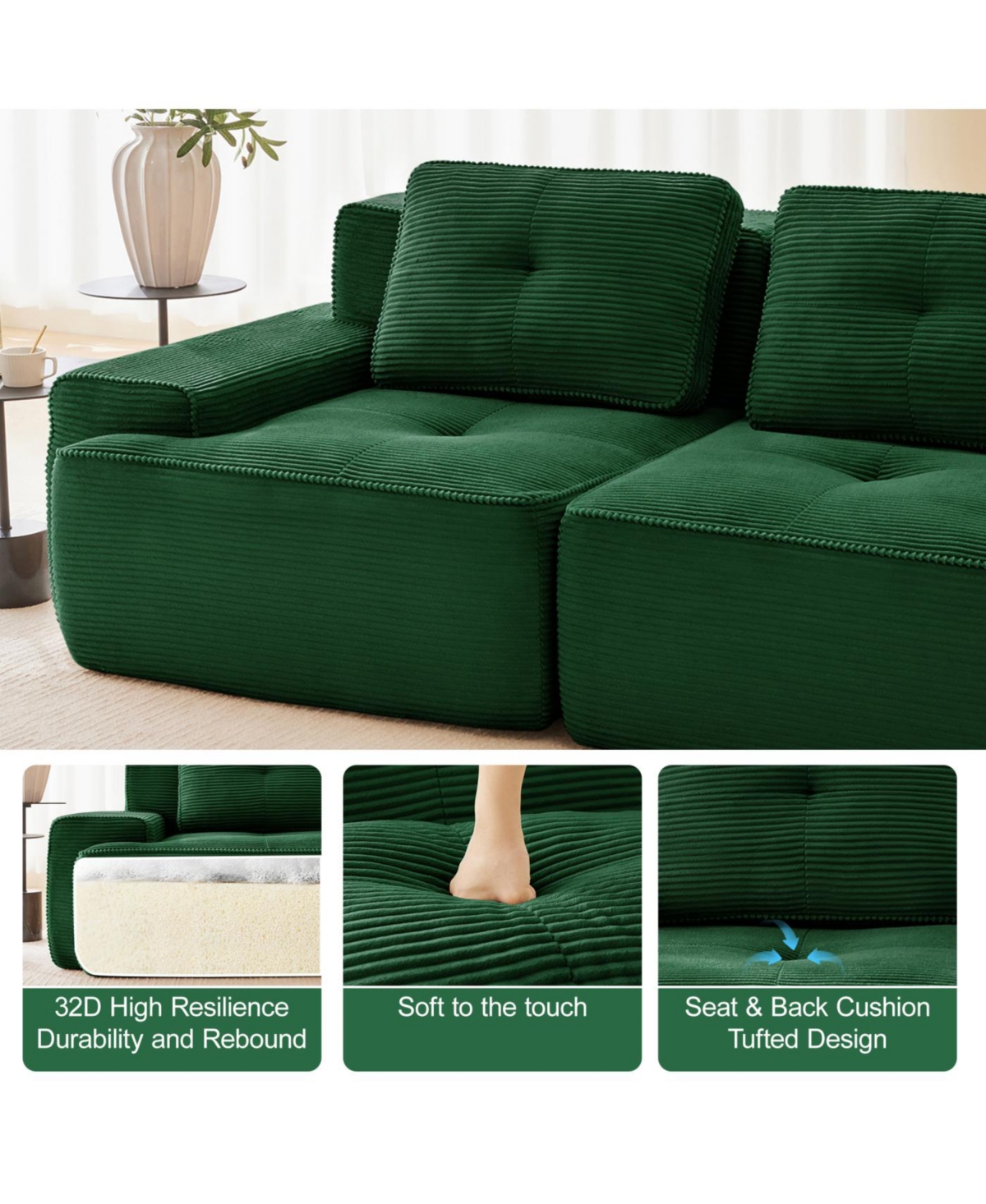 Streamdale Furniture Modern L-Shaped Corduroy Sectional Sofa with Movable Ottoman, Green