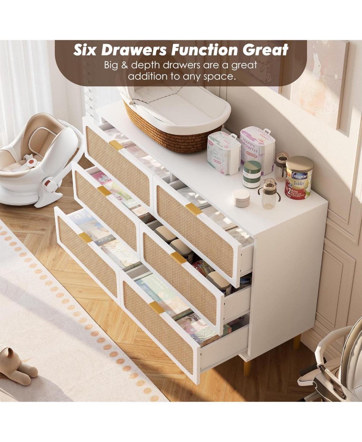 Gaomon Rattan 6 Drawer Dresser for Bedroom, Long Double Chest with Deep Drawers and Wide Top for Living Room or Kids Room