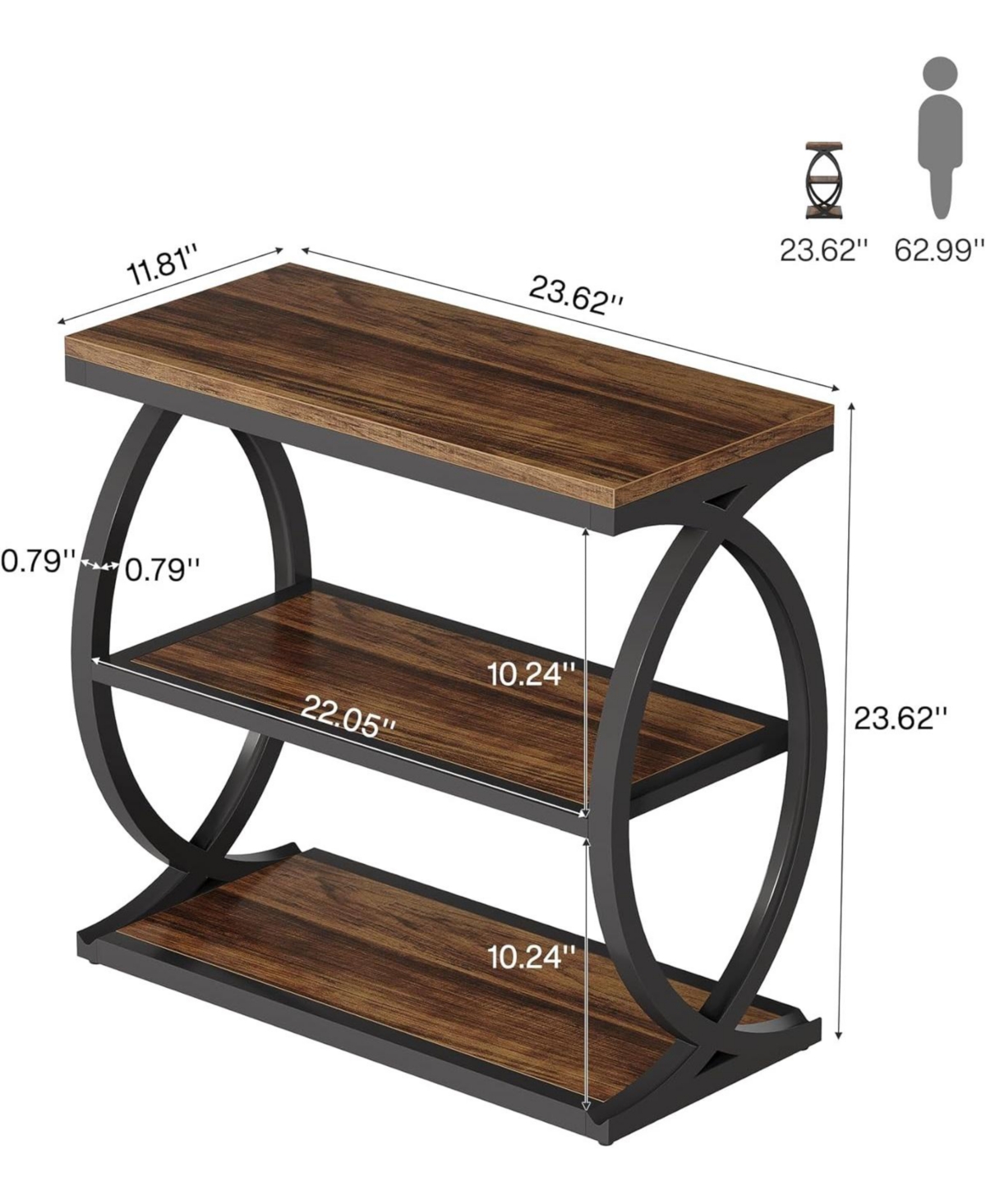 Tribesigns End Table Set of 2, Narrow 3-Tier End Table for Living Room, Industrial Wooden Side Table
