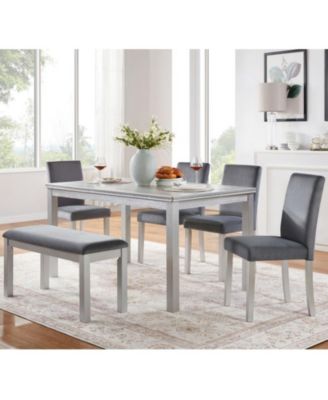 sumyeg 6-Piece Silver Grey Crystal Accent Wood Dining Set with Rectangular Table 4 Upholstered Chairs and Bench