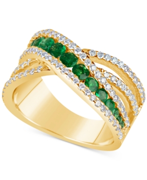 image of Emerald (9/10 ct. t.w.) and Diamond (3/4 ct. t.w.) Crisscross Ring in 14k Gold