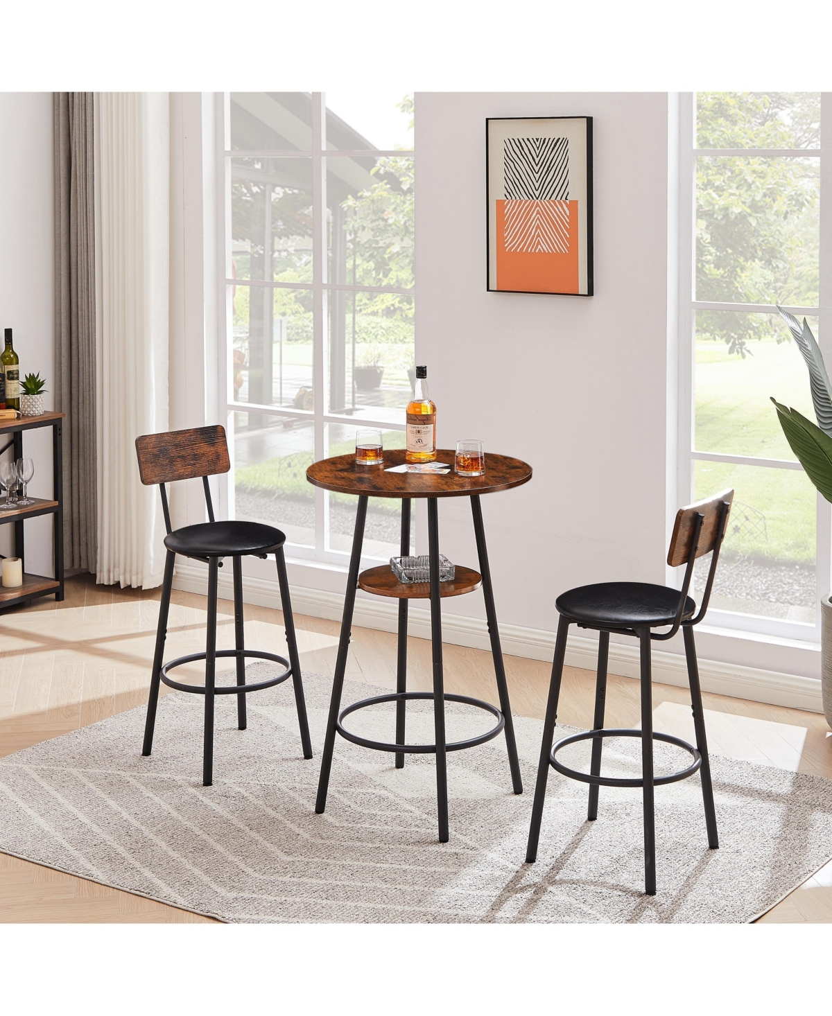 sumyeg Round Stool Set with Shelf and Upholstered Backrest, 23.62'' W x D 35.43'' H
