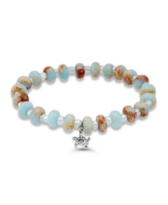 Green Agate Rondelle and Turtle Drop Beaded Stretch Bracelet 