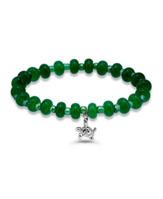 Green Agate Rondelle and Turtle Drop Beaded Stretch Bracelet 