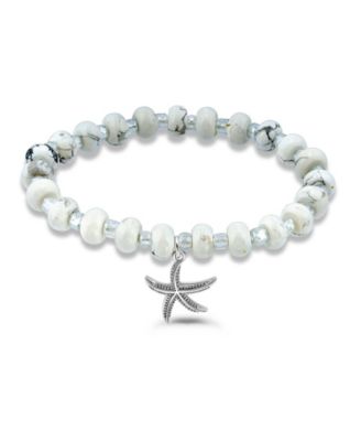 Howlite Rondelle and Starfish Drop Silver Plated Stretch Bracelet