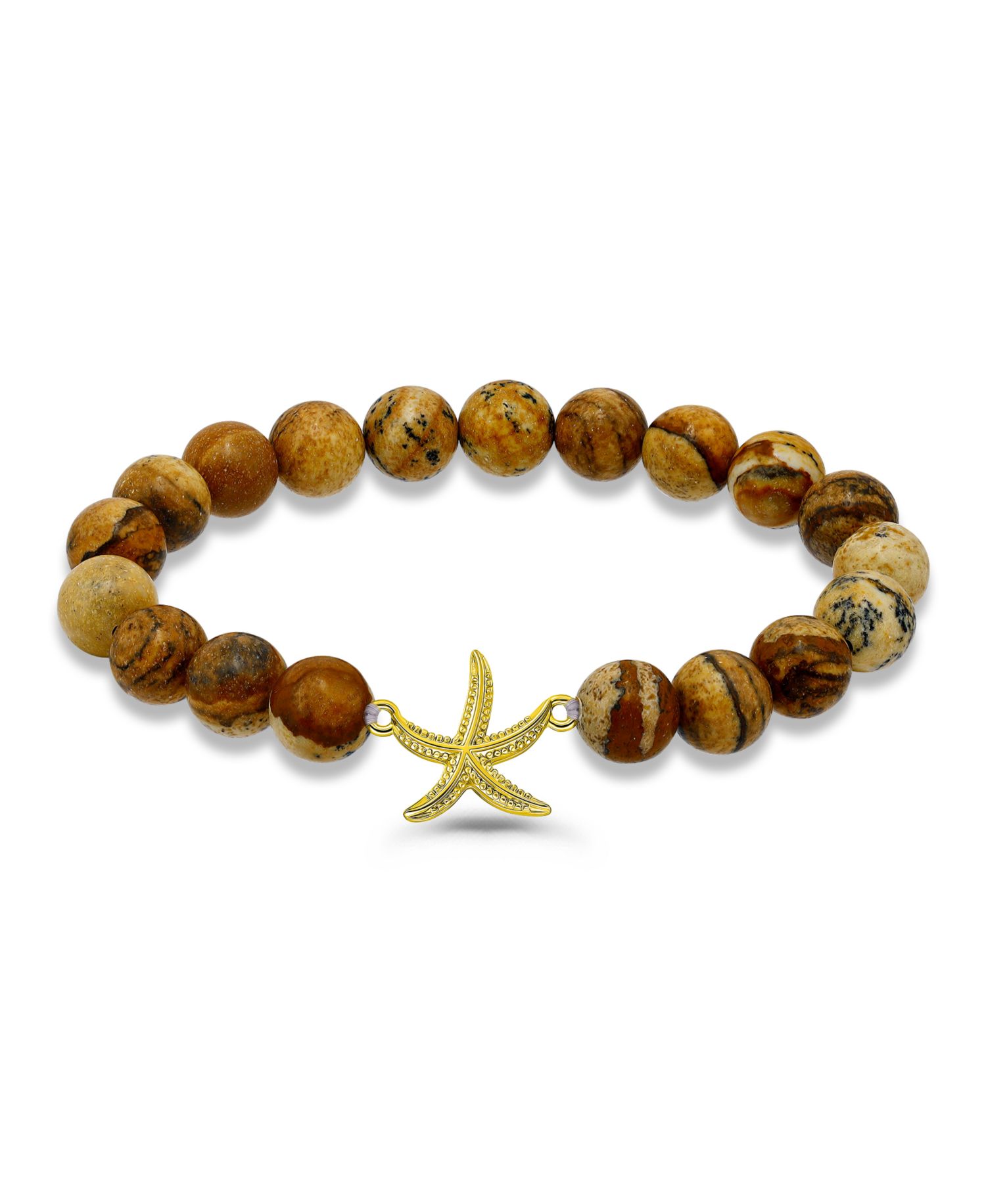 Picture Jasper Beads and Starfish Charm Gold Plated Stretch Bracelet